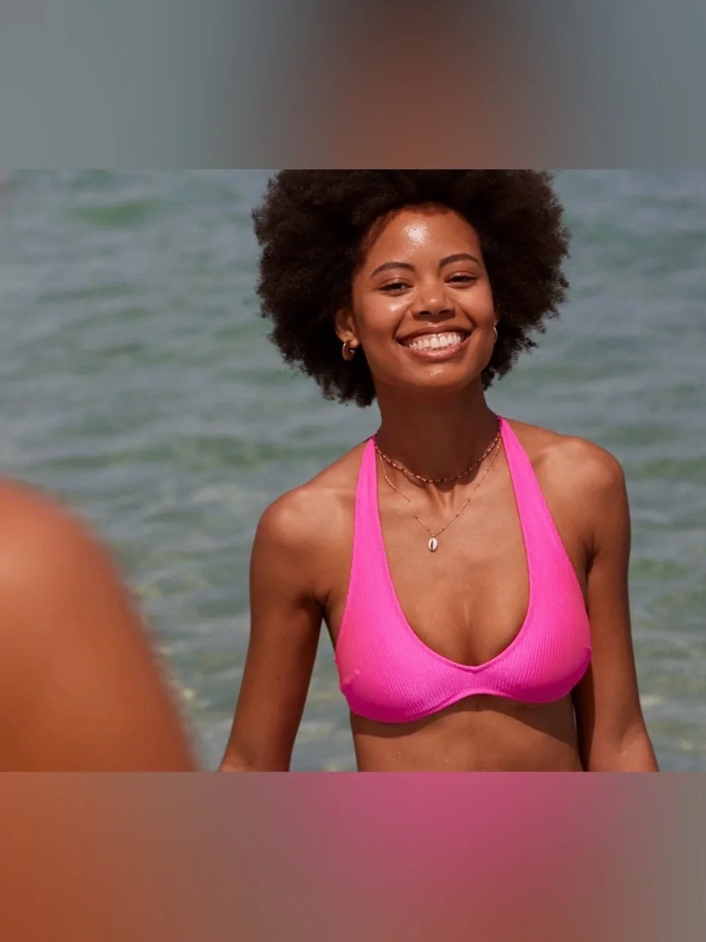 NWT Aerie FULL SET Shine Rib Halter Top + Cheekiest Strappy Bottom Miami Pink